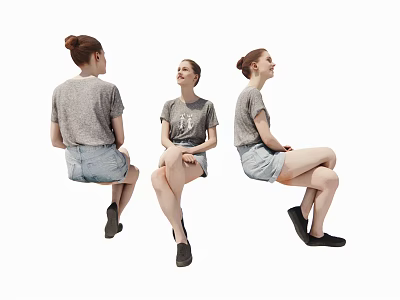 Woman in Different Poses Wearing Grey T-Shirt and Denim Shorts on White Background 3d model