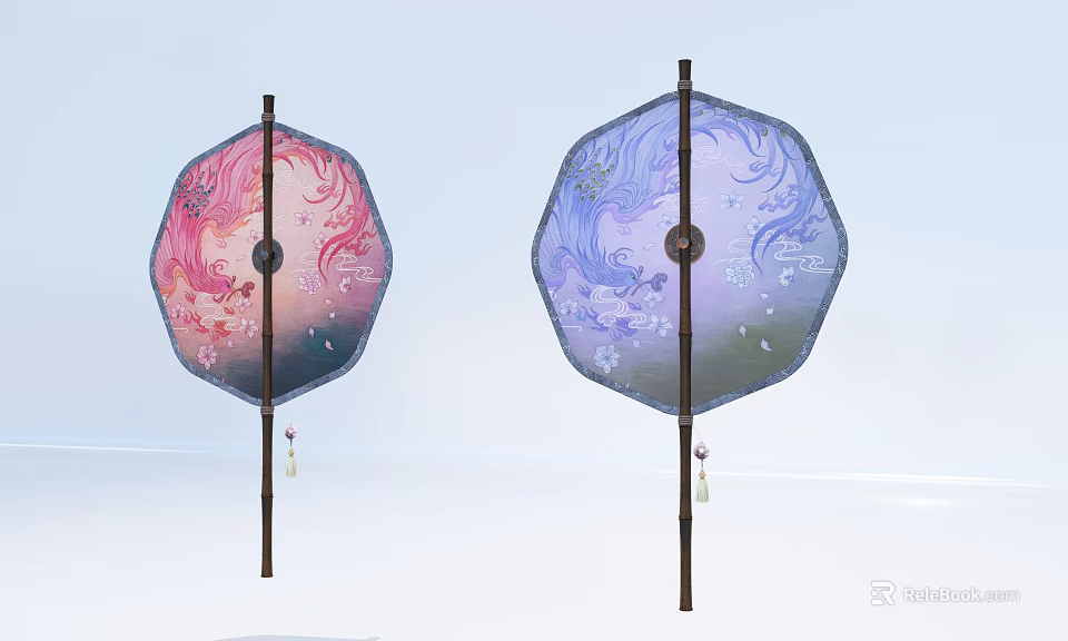 Two Pink And Blue Octagonal Hanging Decorations With Floral Patterns And Tassels 3d model 