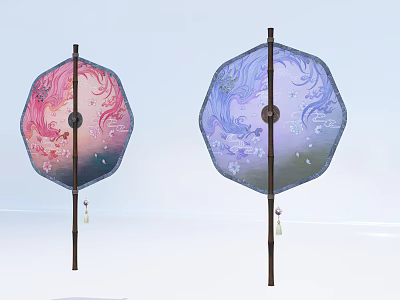 Two Pink And Blue Octagonal Hanging Decorations With Floral Patterns And Tassels 3d model