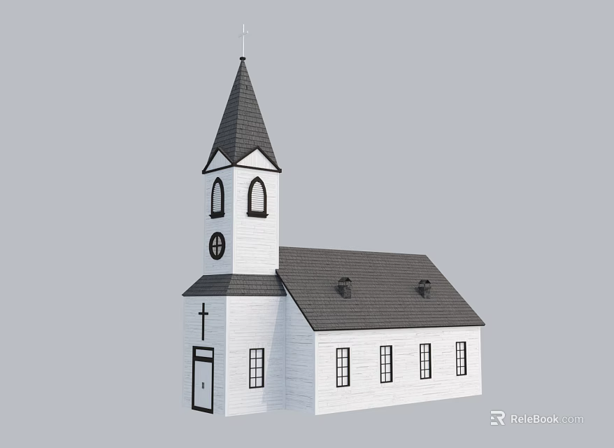 White Church Building With Steeple Cross Clock Tower Black Roof And Windows 3d model 