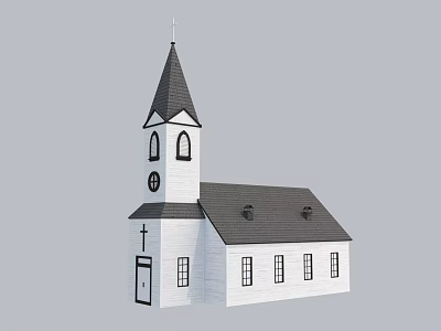 White Church Building With Steeple Cross Clock Tower Black Roof And Windows 3d model