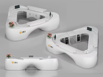 Modern White Reception Desk With Unique Curved Design And Flower Decorations 3d model