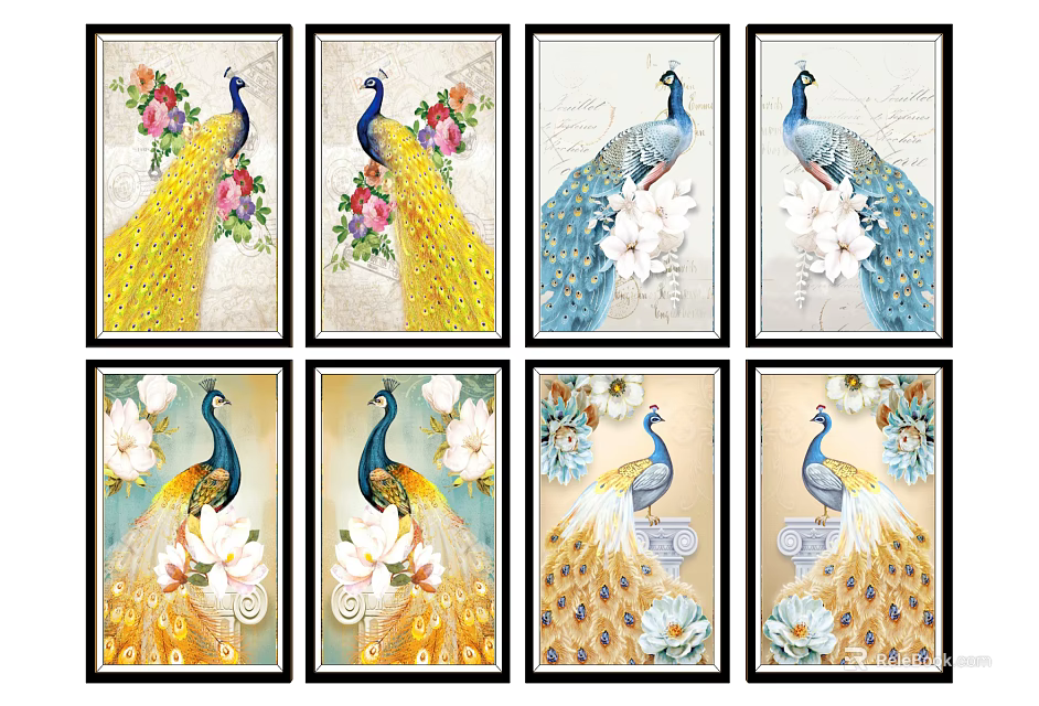 Elegant Peacock Paintings With Floral Elements For Home Wall Decor Art 3d model 