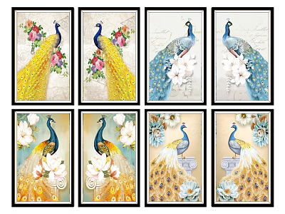 Elegant Peacock Paintings With Floral Elements For Home Wall Decor Art 3d model