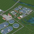 Modern Industrial Plant With Circular Structures Lush Greenery And River Surroundings 3d model