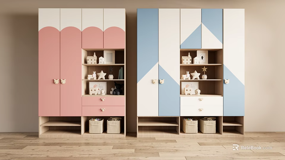 Pastel Pink Blue White Wardrobe With Scallop Geometric Design Open Shelves Drawers And Storage Baskets 3d model 