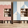 Pastel Pink Blue White Wardrobe With Scallop Geometric Design Open Shelves Drawers And Storage Baskets