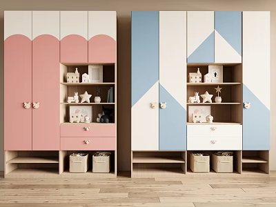 Pastel Pink Blue White Wardrobe With Scallop Geometric Design Open Shelves Drawers And Storage Baskets 3d model