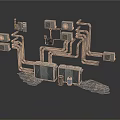 Industrial Equipment Setup With Pipes Square Devices Cylindrical Units Blue Barrel And Gray Mats