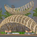 Modern Wooden Pergola Structure With Palm Trees And Seating Area