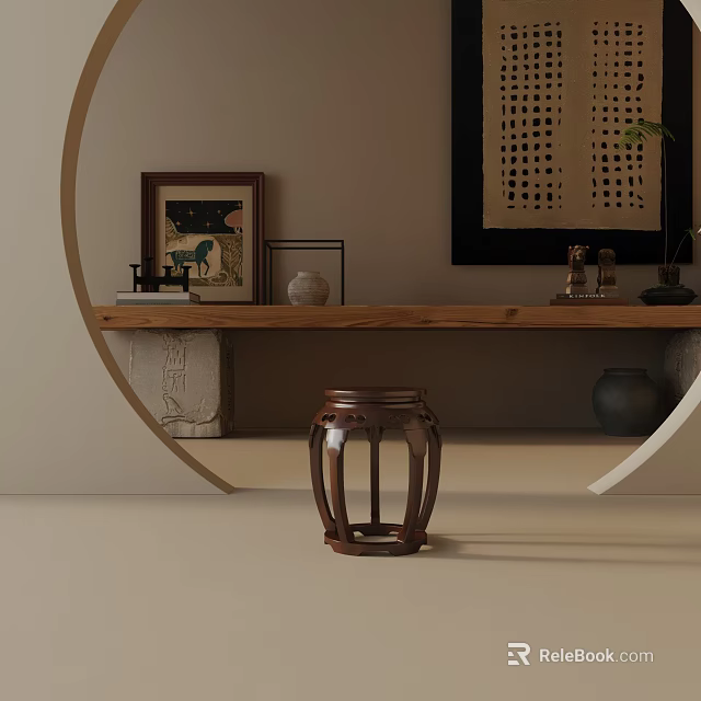 Traditional Wooden Side Table With Decorative Painting And Shelf Decorative Items 3d model 