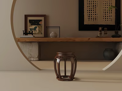 Traditional Wooden Side Table With Decorative Painting And Shelf Decorative Items 3d model