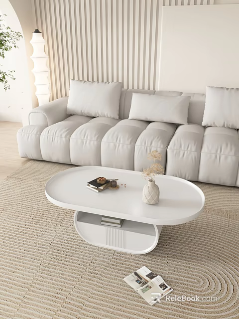 Modern White Oval Coffee Table With Books Vase And Tray On Beige Carpet 3d model 