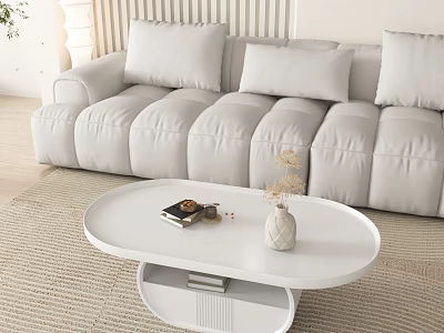 Modern White Oval Coffee Table With Books Vase And Tray On Beige Carpet 3d model