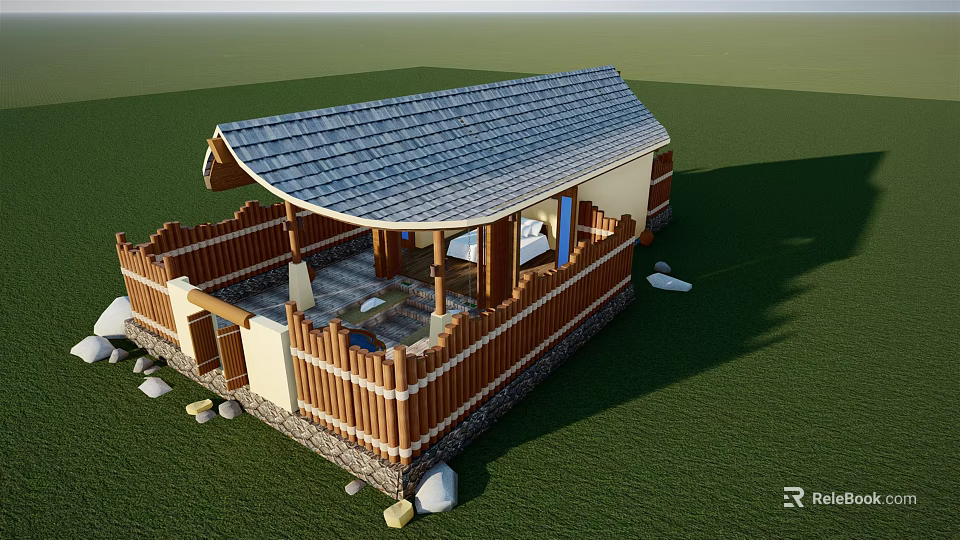 Traditional Wooden Guesthouse with Sloped Tile Roof Fence and Stone Paved Courtyard on Green Lawn 3d model 