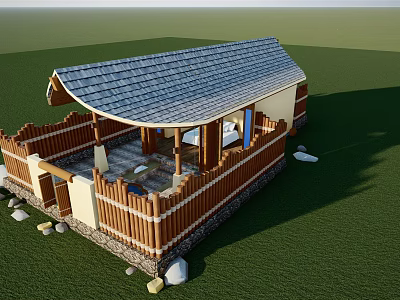 Traditional Wooden Guesthouse with Sloped Tile Roof Fence and Stone Paved Courtyard on Green Lawn 3d model