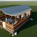 Traditional Wooden Guesthouse with Sloped Tile Roof Fence and Stone Paved Courtyard on Green Lawn