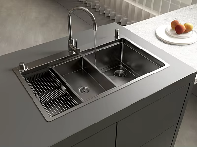 Stainless Steel Double Bowl Kitchen Sink With Faucet On Modern Countertop And Cabinets 3d model