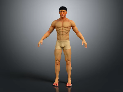 A Muscular Shirtless Man Standing in Light Colored Shorts Against Gray Background 3d model