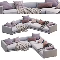 Modern Light Gray Sectional Sofa With Multiple Colored Pillows And Cozy Knitted Blanket 3d model