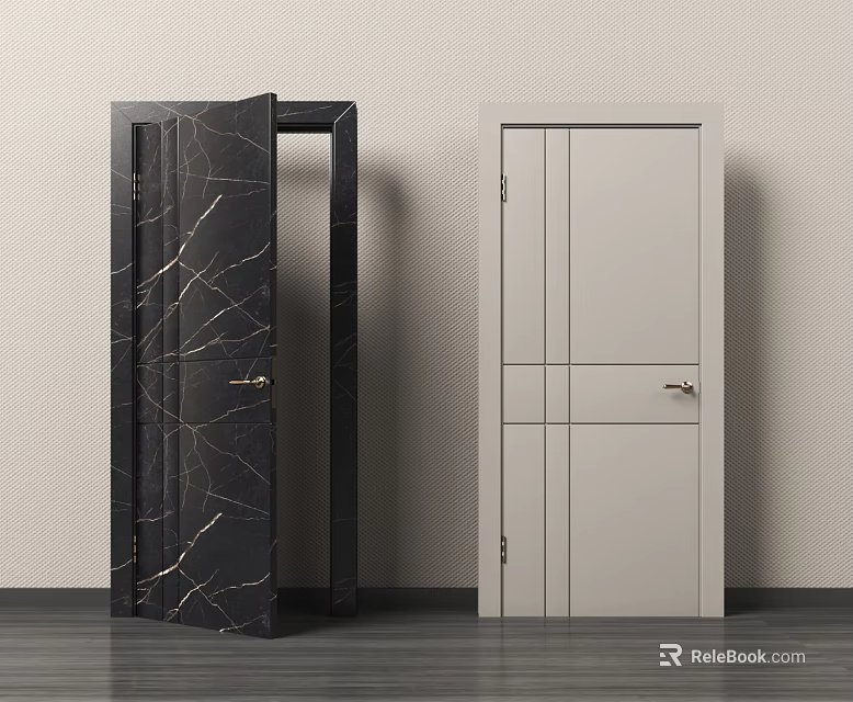 Modern Hinged Doors With Black Marble Pattern And Light Gray Simple Design 3d model