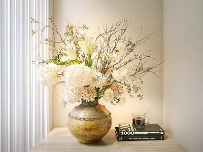 Floral Arrangement In Decorative Vase On Wooden Table With Books And Cup 3d model