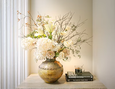 Floral Arrangement In Decorative Vase On Wooden Table With Books And Cup 3d model
