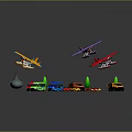 Colorful Toy Cars Display With Toy Planes Trees And Traffic Cones