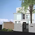 Modern Design Detached Villa With Large Glass Windows Tree And Front Gate 3d model