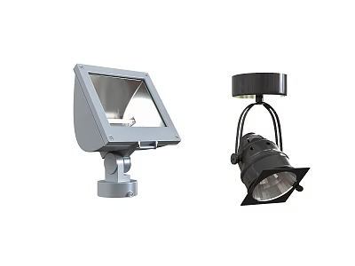 Grey Square Floodlight And Black Track Mounted Spotlight Fixtures 3d model