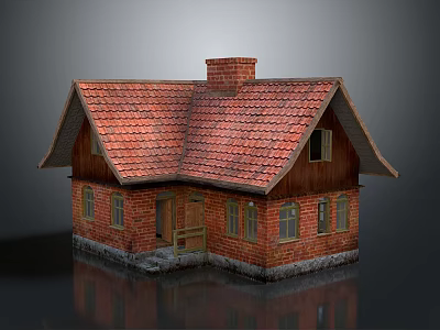 Traditional Brick House With Red Tiled Roof Chimney Wooden Door Windows And Stone Base 3d model