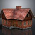 Traditional Brick House With Red Tiled Roof Chimney Wooden Door Windows And Stone Base