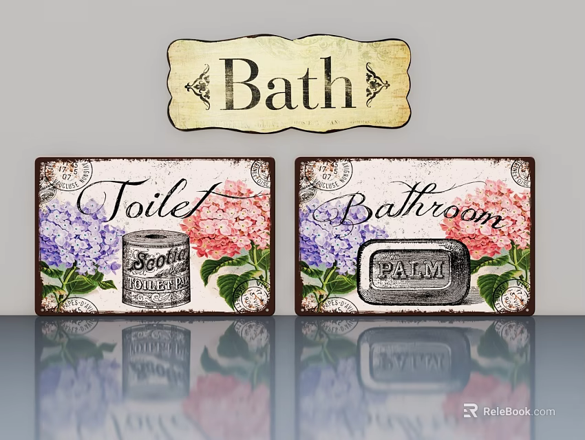 Decorative Vintage Bathroom Hinged Door With Floral Pattern Soap Paper Signs 3d model 