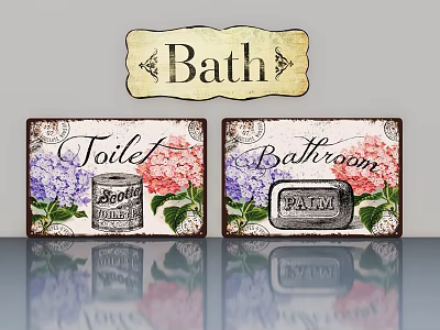 Decorative Vintage Bathroom Hinged Door With Floral Pattern Soap Paper Signs 3d model