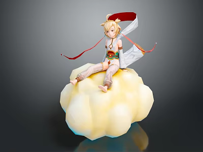 Anime Style Character Sitting On Fluffy Yellow Cloud With Red Ribbons And Blonde Hair 3d model