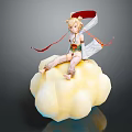 Anime Style Character Sitting On Fluffy Yellow Cloud With Red Ribbons And Blonde Hair