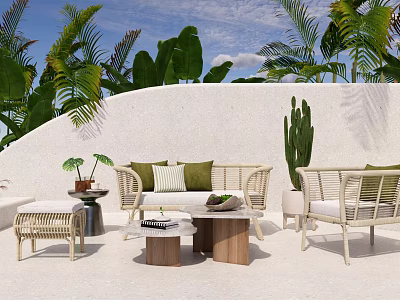 Elegant Outdoor Wicker Sofa With Green Cushions Side Tables And Palm Trees In Tropical Garden 3d model