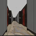 Luxurious Hotel Corridor With Dark Wooden Walls Red Doors Patterned Carpet And Wall Lamps