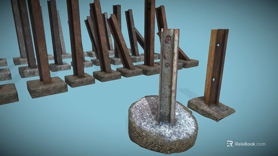 Rusty Metal Piles As Defensive Weapons With Concrete Bases Standing And Slanting 3d model 