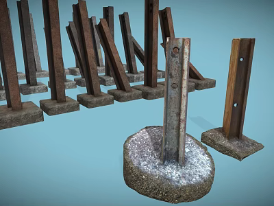 Rusty Metal Piles As Defensive Weapons With Concrete Bases Standing And Slanting 3d model