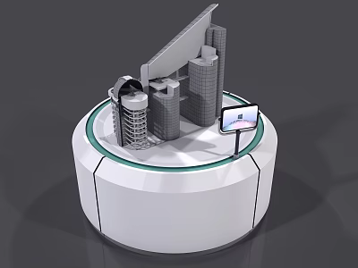 White Circular Exhibition Showcase with Architectural Models and Digital Screen for 3d model