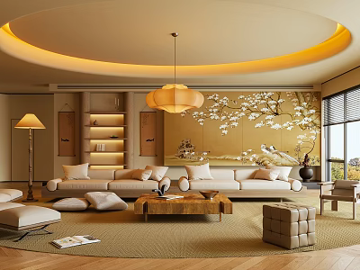 Elegant Warm New Chinese Style Living Room With Soft Lighting And Comfortable Large Sofa Sets 3d model