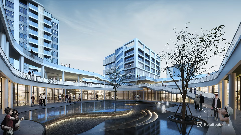 Modern Hospital Building Architecture with Multi Story Structure Connecting Bridges Water Features and Trees 3d model 