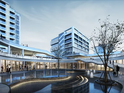 Modern Hospital Building Architecture with Multi Story Structure Connecting Bridges Water Features and Trees 3d model