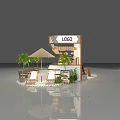 Modern Milk Tea Shop With Logo Counter Outdoor Seating Palm Trees And Patterned Tile Floor