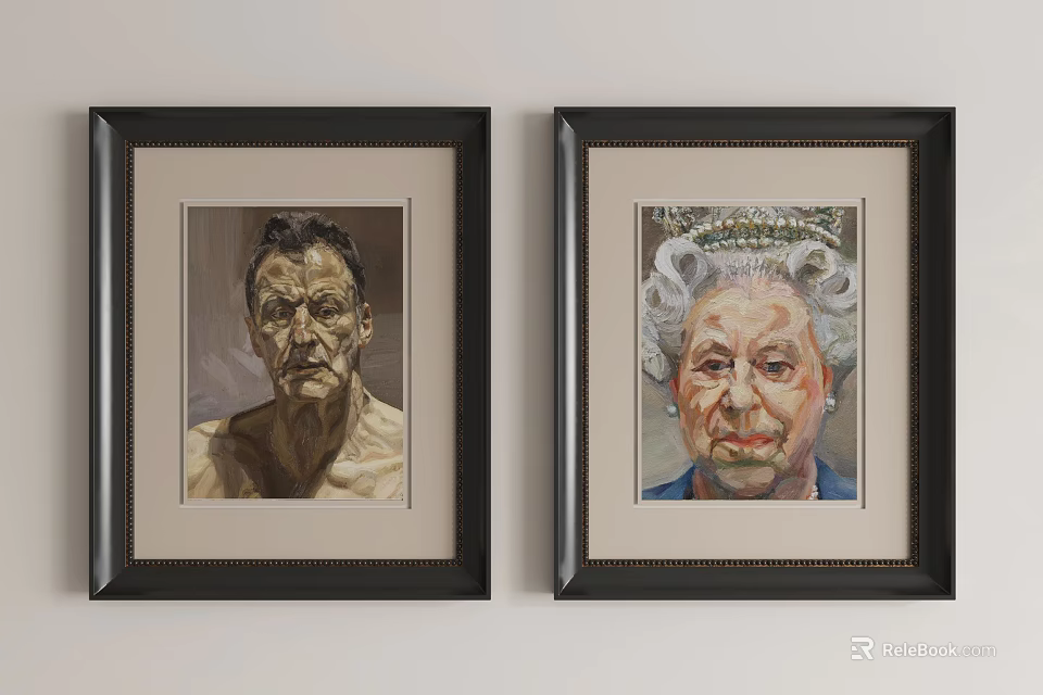 Two Framed Portrait Artworks Featuring Male Figure And Female With Crown 3d model 