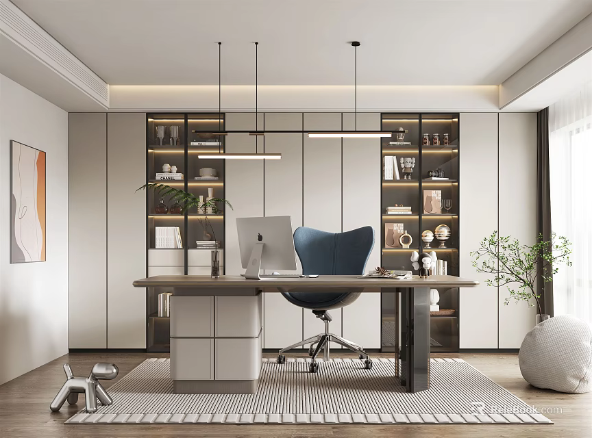 Modern Home Office Interior With Wooden Desk Blue Chair Built In Bookshelves And Pendant Lights 3d model 