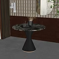 Modern Coffee Table With Marble Top Black Base Wooden Wall Round Mirror Green Plant Vase