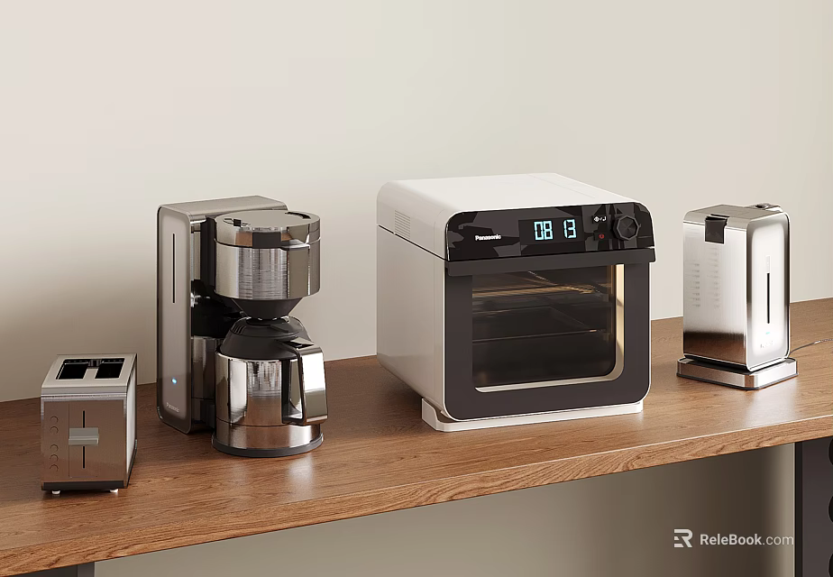 Modern Small Kitchen Appliances On Wooden Countertop Toaster Coffee Maker Oven Kettle 3d model 