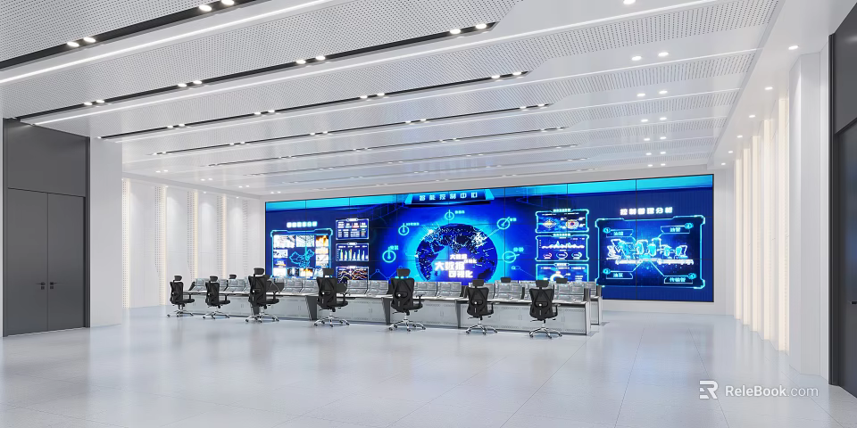 Advanced Monitoring Control Room With Large Blue Screens Control Desks And Data Displays 3d model 
